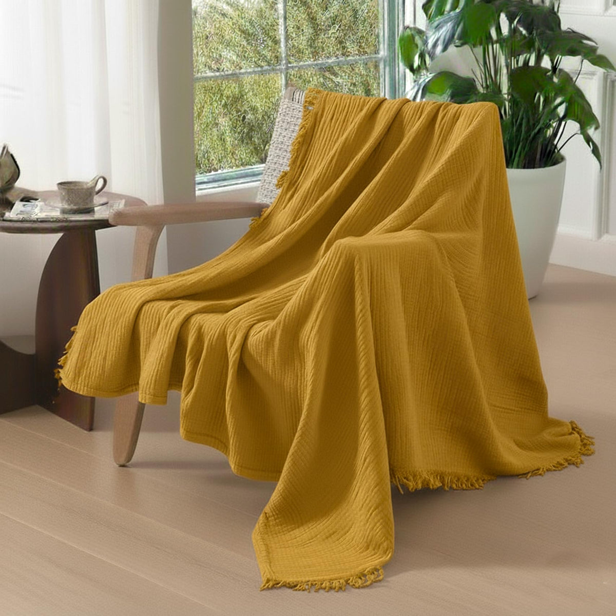 KyraHome 100% Organic Cotton Throw Muslin Blanket, 50"x60", Oatmeal Khaki