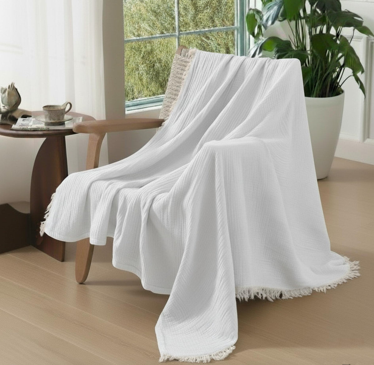 KyraHome 100% Organic Cotton Throw Muslin Blanket, 50"x60", Oatmeal Khaki