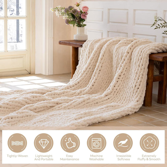 Chunky Knit Throw Blanket for Couch，50x60 Inches Cream