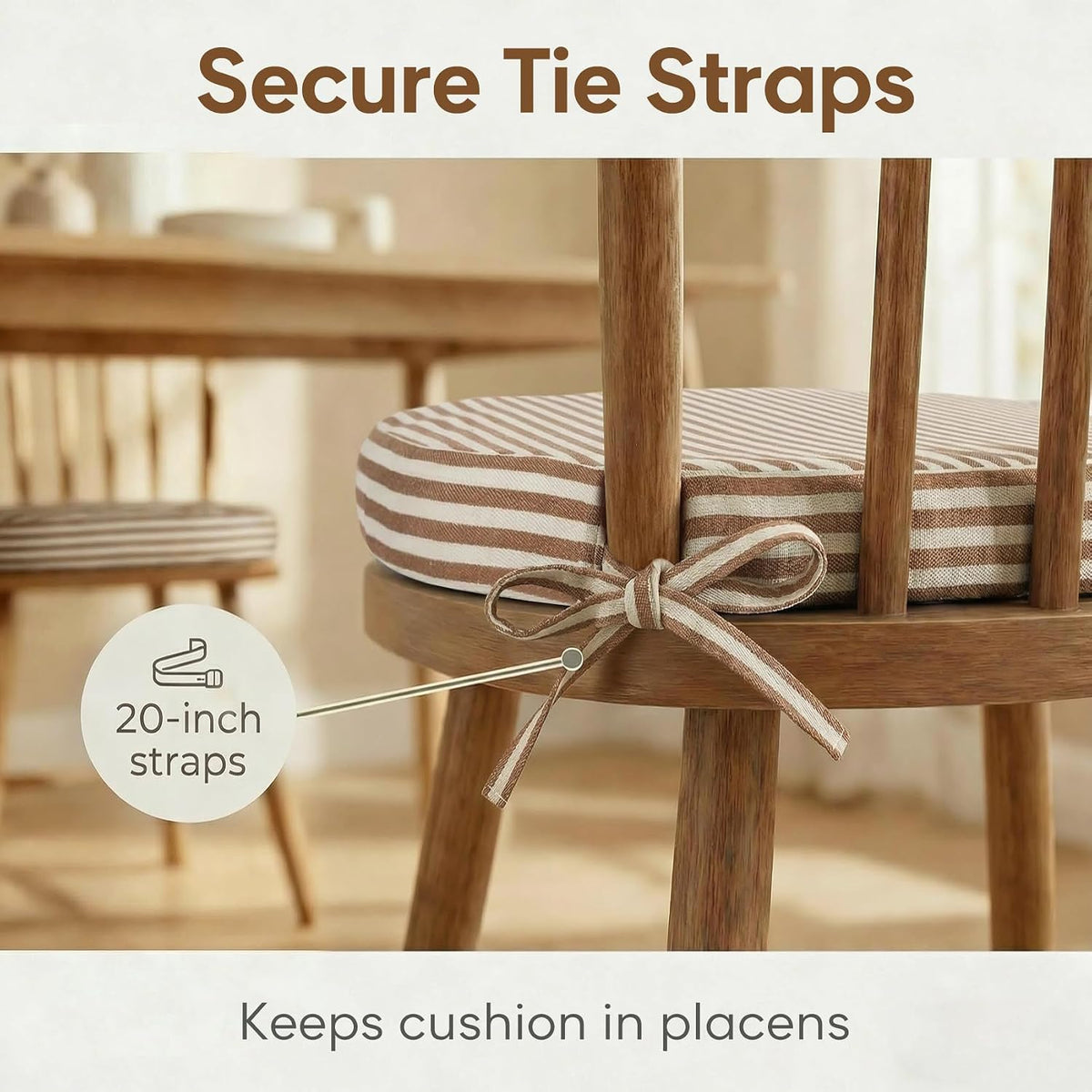 Brown Striped Winsor Chair Cushions Pads with Ties Set of 2