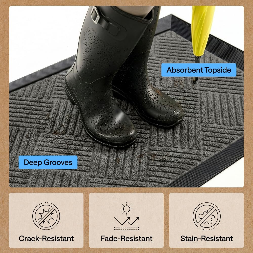 GORILLA GRIP WeatherMAX Door Mat, Indoor and Outdoor Use, Gray Diamond