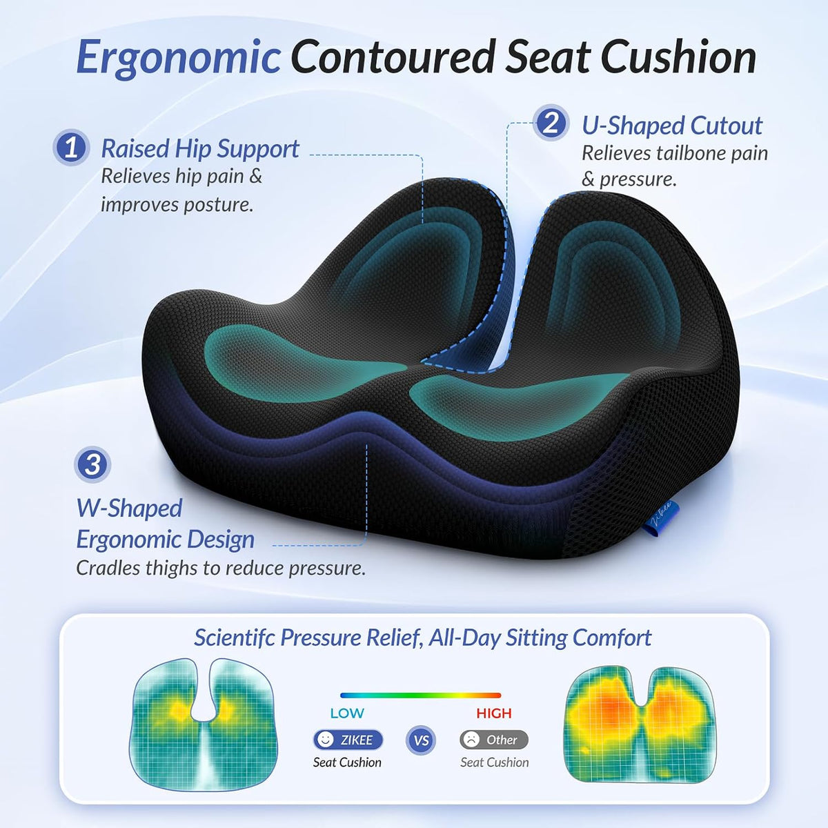 ZIKEE Ergonomic Contoured Seat Cushion for Pain Relief, All-Day Comfort, Office Chair Cushion with Raised Back Support for Tailbone, Sciatica & Back Pain Relief, Premium Memory Foam for Car, Home