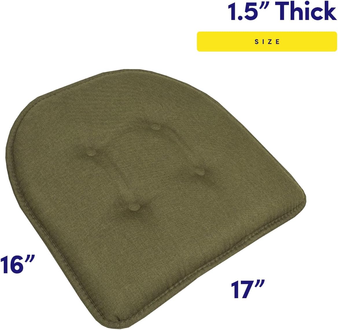 Sweet Home Collection Chair Cushion Memory Foam Pads Tufted Slip Non Skid Rubber Back U-Shaped 17" x 16" Seat Cover, 4 Count (Pack of 1), Army Green