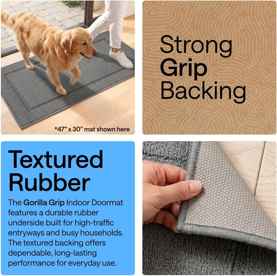 GORILLA GRIP Indoor Door Mat, Rubber Backing Entry Rug 29x17, Gray