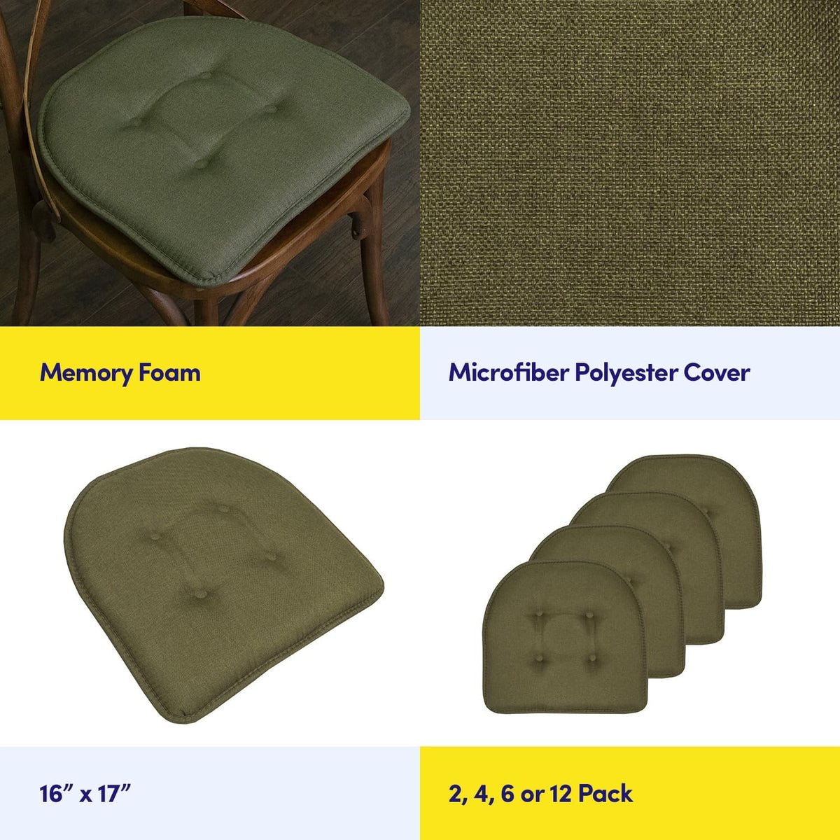 Sweet Home Collection Chair Cushion Memory Foam Pads Tufted Slip Non Skid Rubber Back U-Shaped 17" x 16" Seat Cover, 4 Count (Pack of 1), Army Green