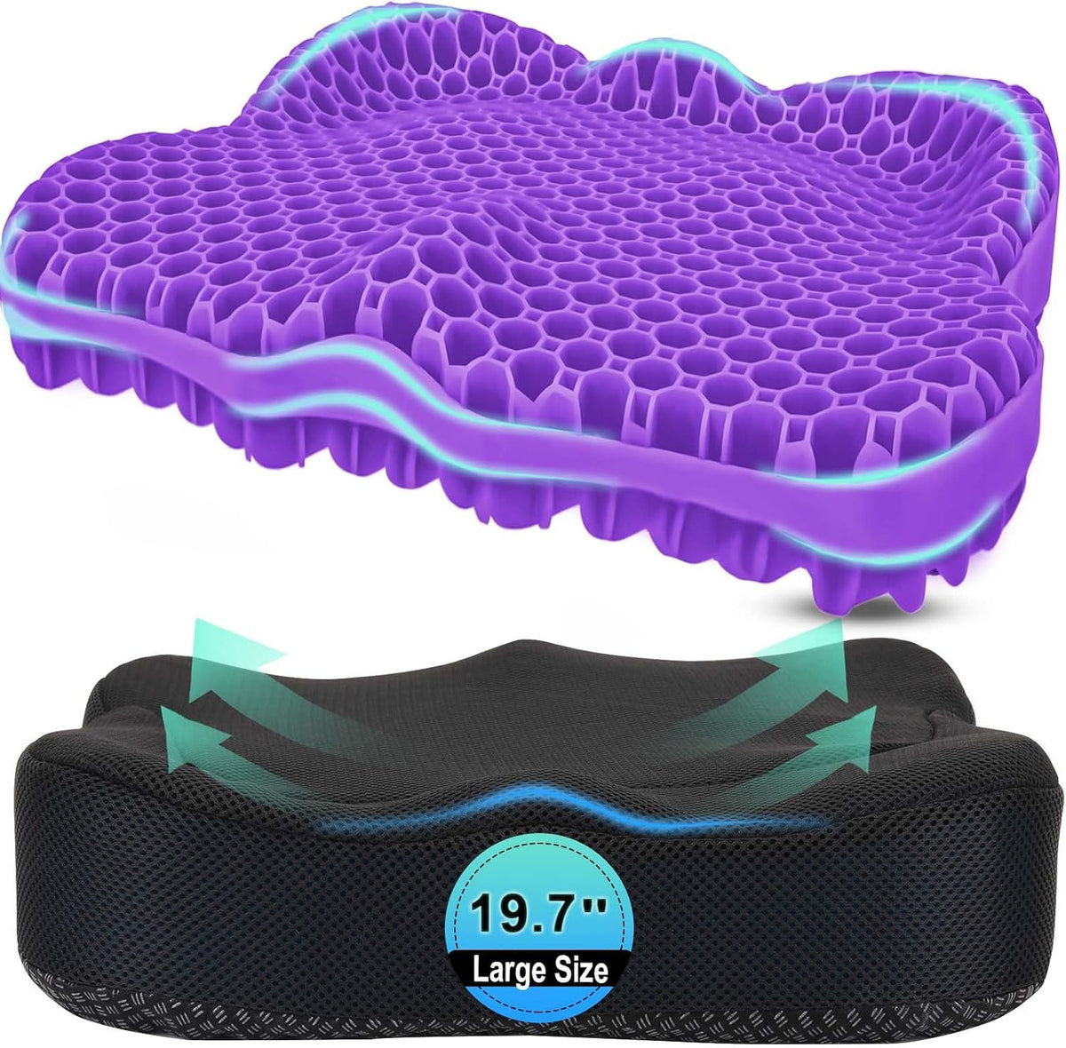 Thicken 19.7in Seat Cushion, Gel Seat Cushion for Long Sitting–Office Chair, Wheelchair, Car Pad, Large Cooling Support Pad for Back Pain, Sciatica, Tailbone Pain Relief