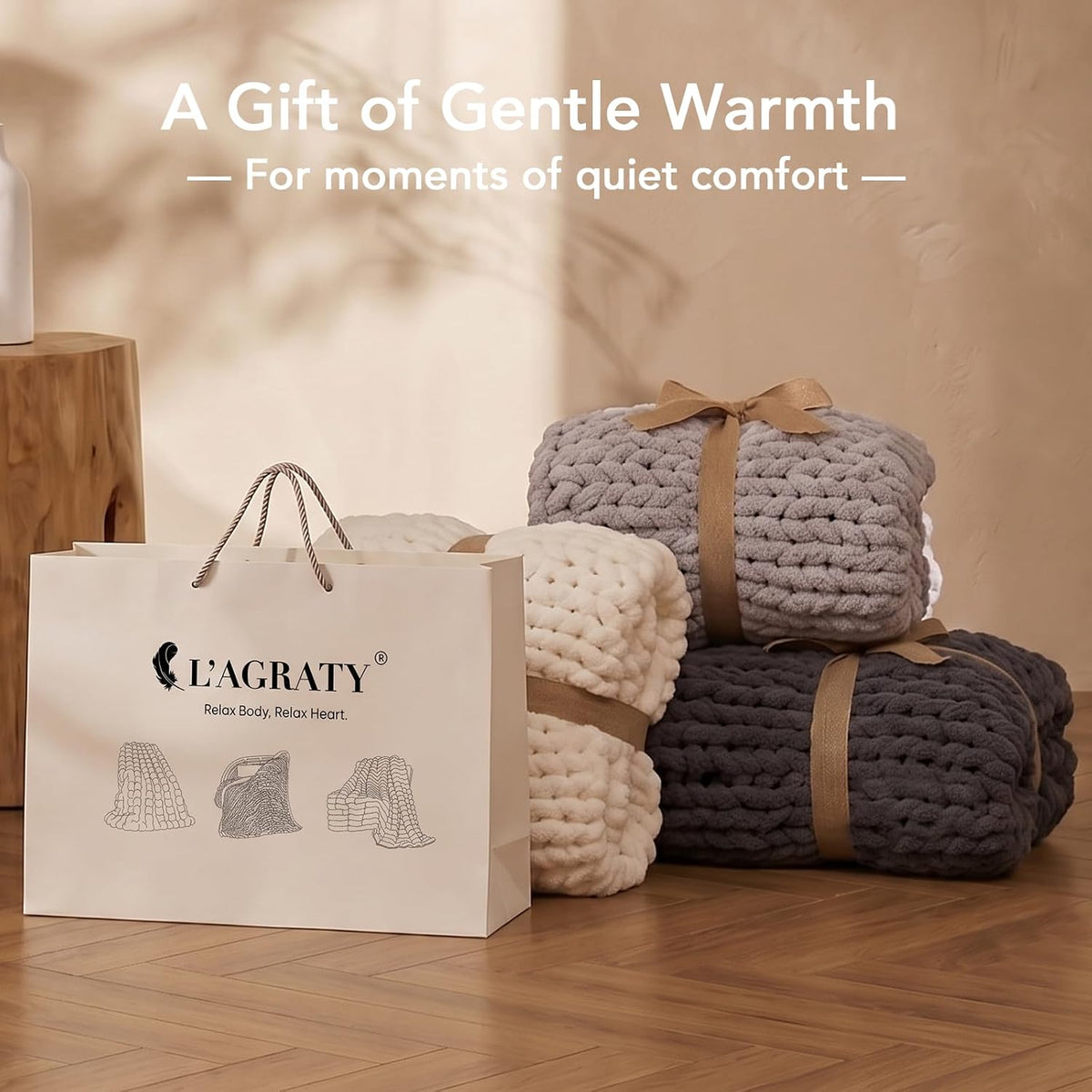 L'AGRATY Chunky Knit Throw Blanket for Couch, 50'' x 60'' Knit Throw, Ivory