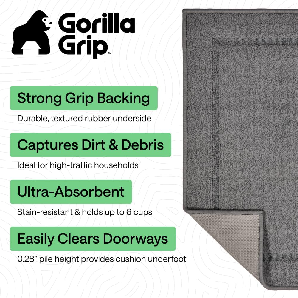 GORILLA GRIP Indoor Door Mat, Rubber Backing Entry Rug 29x17, Gray