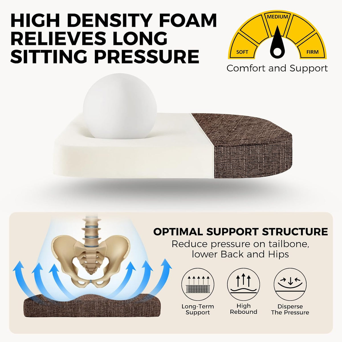 downluxe Indoor Chair Cushions for Dining Chairs, Soft and Comfortable Textured Foam Kitchen Chair Pads with Ties and Non-Slip Backing, 16" x 16" x 2", Brown, 4 Pack
