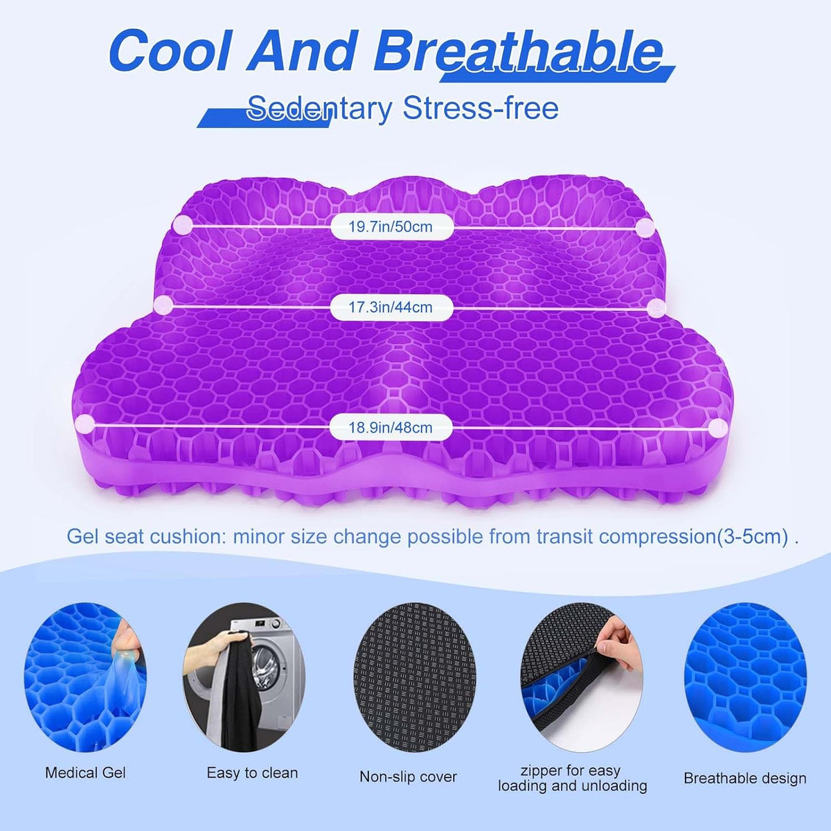 Thicken 19.7in Seat Cushion, Gel Seat Cushion for Long Sitting–Office Chair, Wheelchair, Car Pad, Large Cooling Support Pad for Back Pain, Sciatica, Tailbone Pain Relief