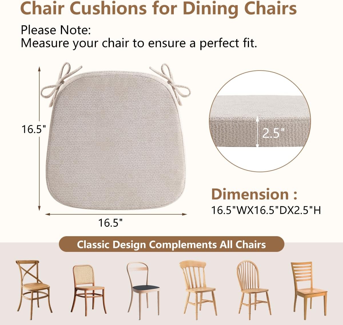 Chair Cushions for Dining Chairs, Washable Chair Pads, Beige, 4 Pack