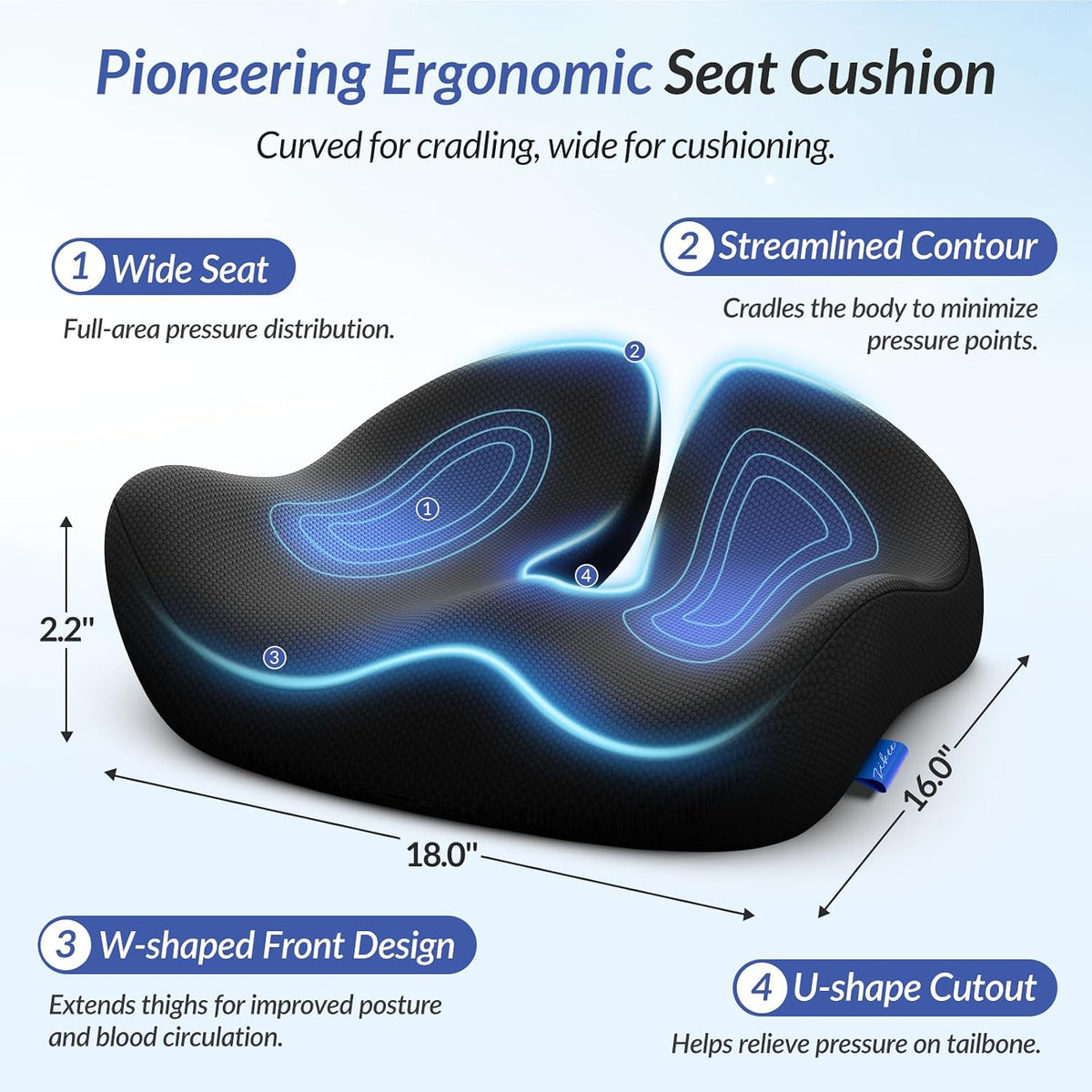 ZIKEE Ergonomic Seat Cushion for Pressure Relief, Pioneering Office Chair Cushion for Sciatica, Back, Hemorrhoids & Tailbone Pain Relief, High-Density Memory Foam Car Seat Cushion with Anti-Slip Base
