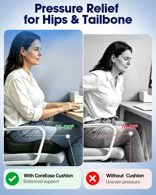 QUTOOL Large Seat Cushion for Office Chair,Pressure Relief & Long Sitting Support,Ergonomic Firm Support Memory Foam with U Cutout, Breathable Chair Cushion for Desk Home Office Work,Non-Slip,Black