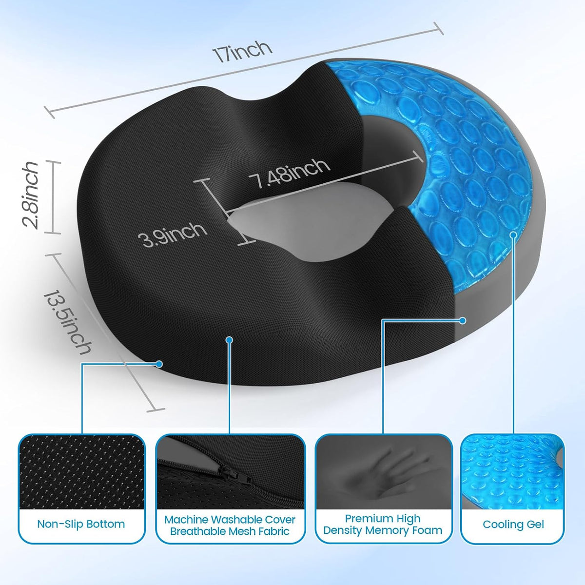 Donut Pillow Seat Cushion, Cooling Gel Memory Foam Chair Cushion, Black