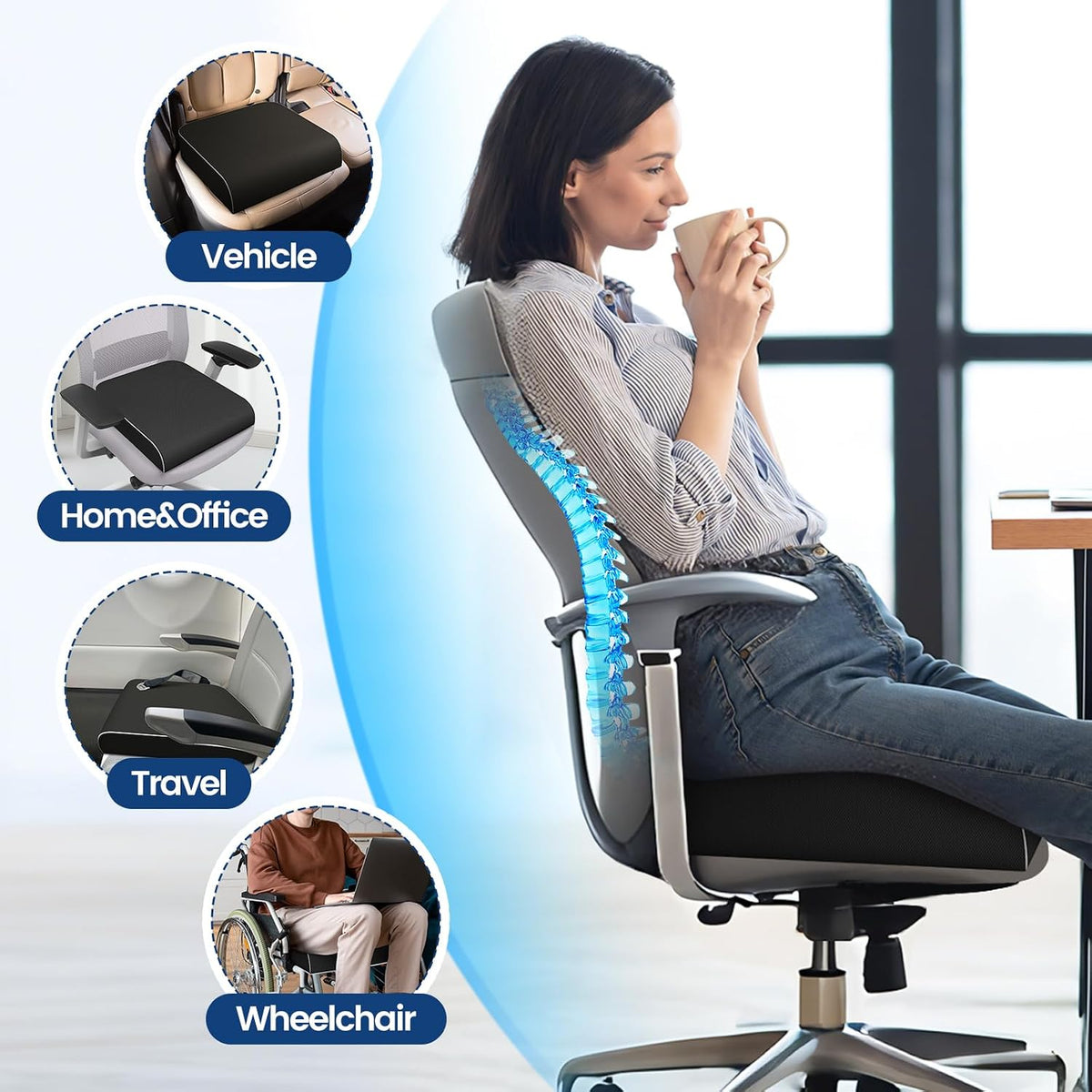SweetSlubr Memory Foam Seat Cushion, Office Chair Cushion, 3-Inch, Large