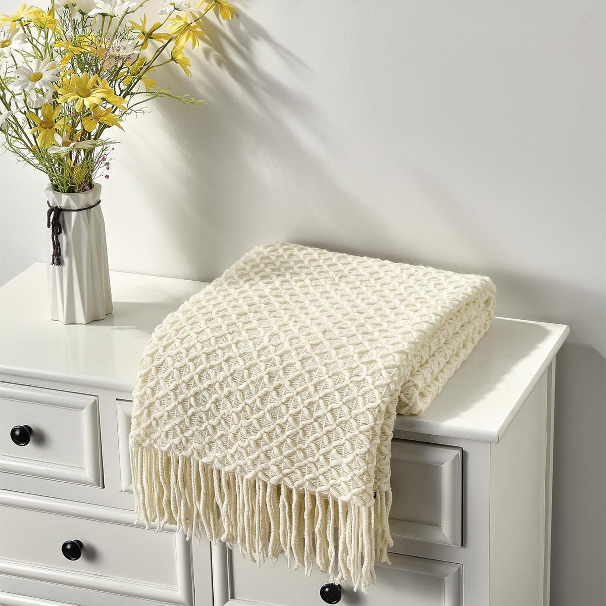 CREVENT Home Decor Rustic Couch Sofa Chair Bed Throw Blanket, Soft Warm Cozy Light Weight for Travelling in Spring Summer (50''X60'' Beige/Ivory)