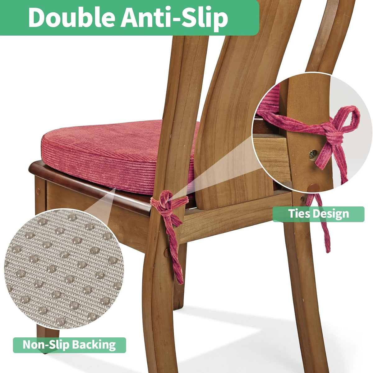 2.5" Thick Chair Cushions for Dining Chair, Corduroy High Density Foam Kitchen Chair Pads, U Shaped Indoor Seat Cushions with Ties & Non-Slip Backing, Washable Cover, 17''x16.5'', Pink