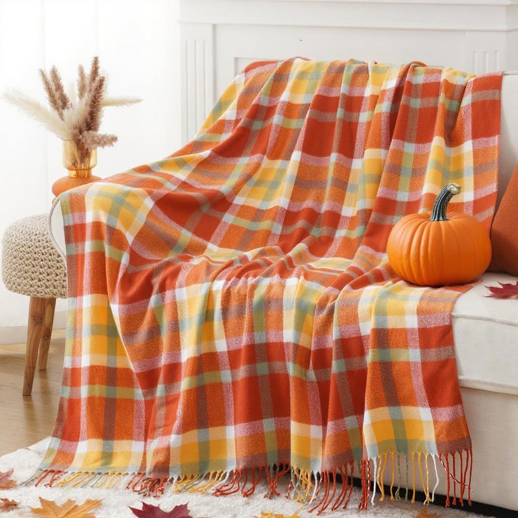 Fall Plaid Throw Blanket for Couch, Rustic Knit Throw Blanket 50"x60"