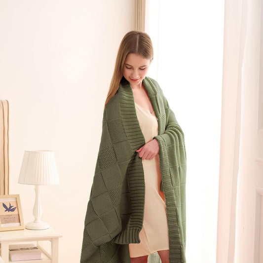 CozeCube Olive Green Knitted Checkered Throw Blanket 50"X60"