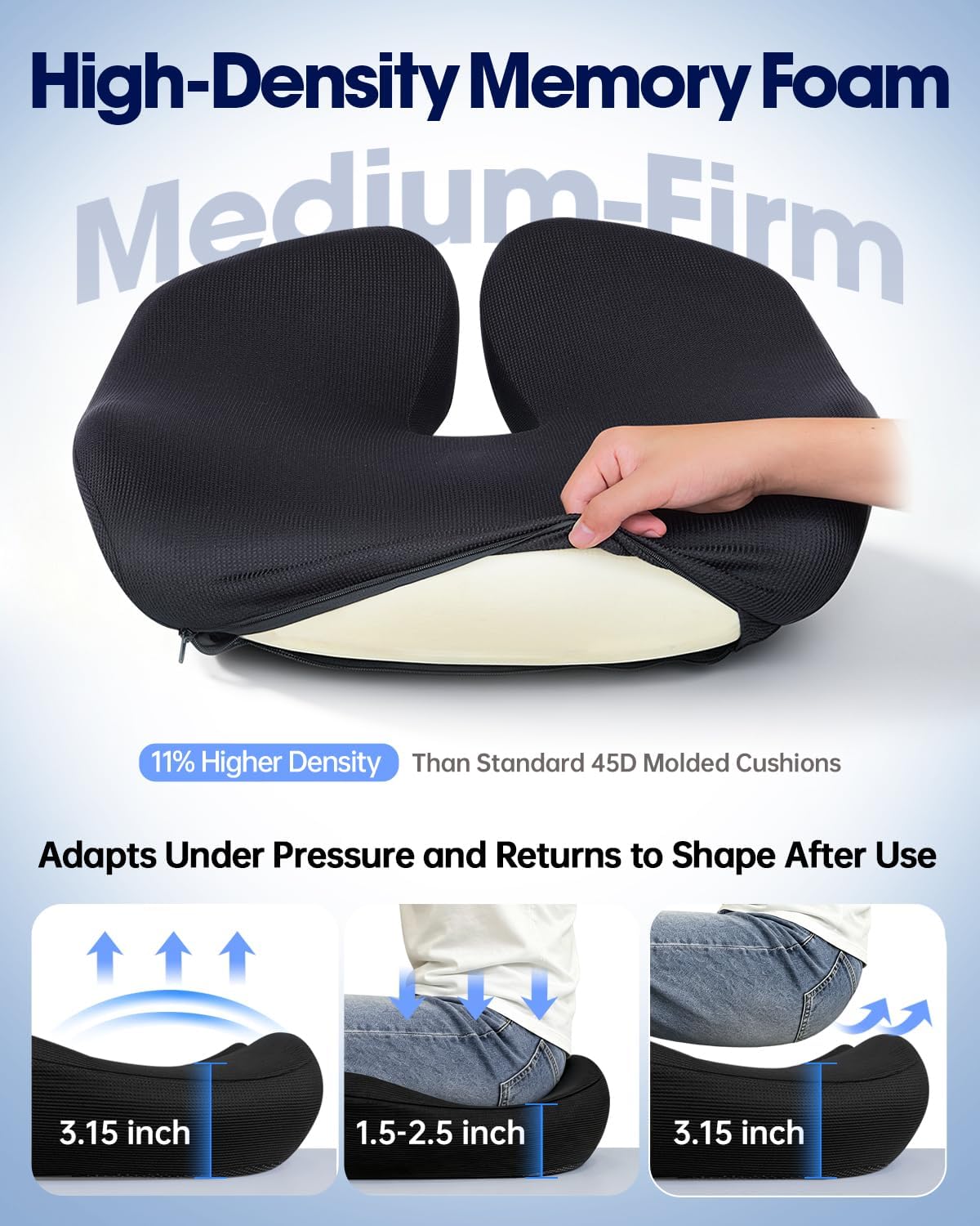 QUTOOL Large Seat Cushion for Office Chair,Pressure Relief & Long Sitting Support,Ergonomic Firm Support Memory Foam with U Cutout, Breathable Chair Cushion for Desk Home Office Work,Non-Slip,Black