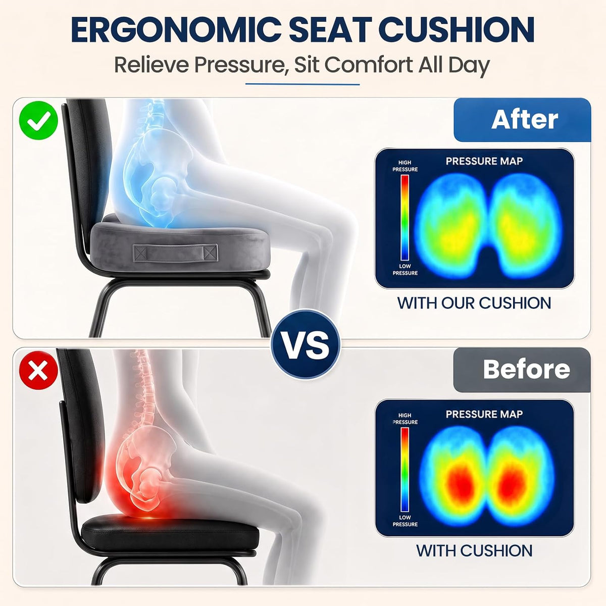2 PACK Seat Cushion for Office Chair, Memory Foam Chair Cushions Black/Grey