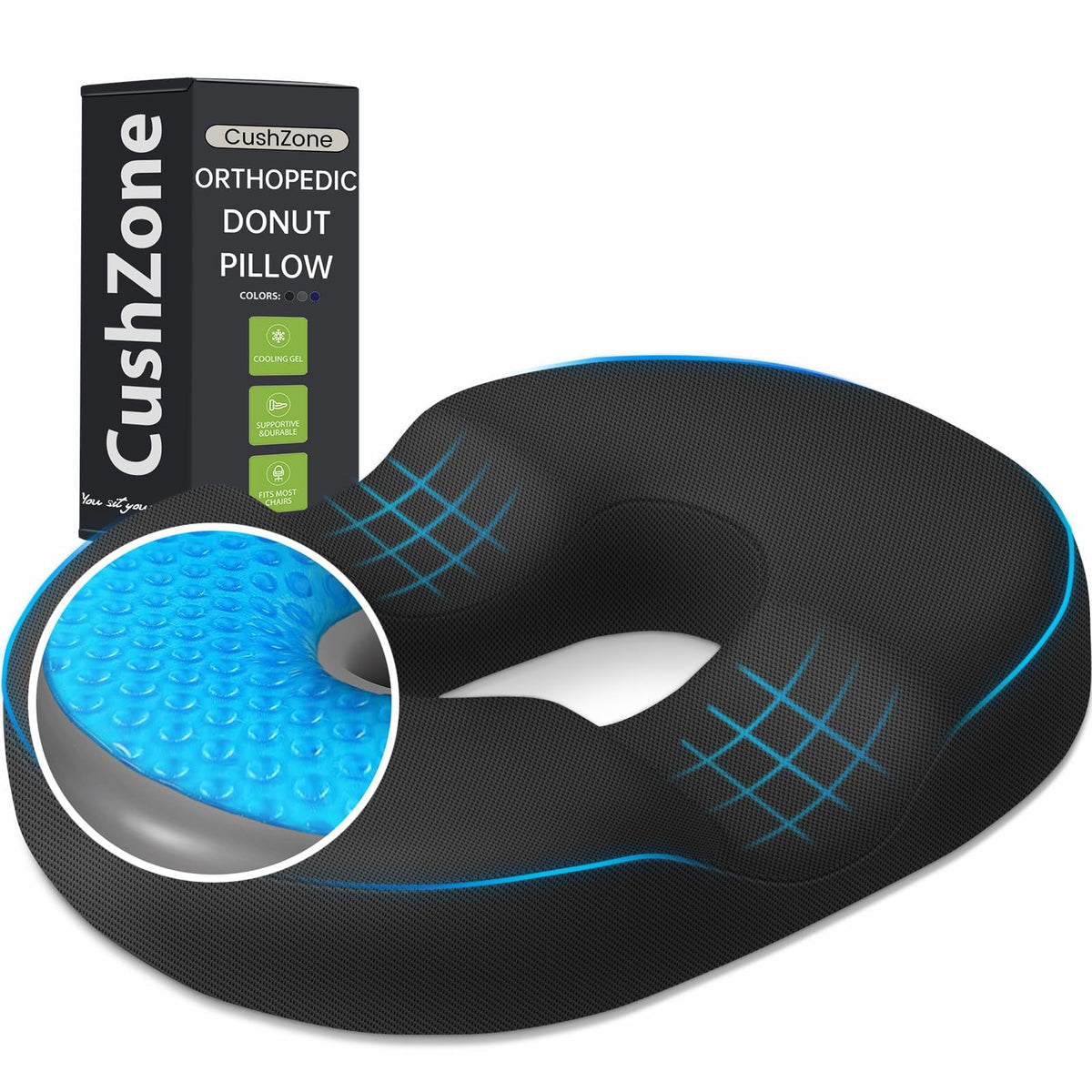 Donut Pillow Seat Cushion, Cooling Gel Memory Foam Chair Cushion, Black