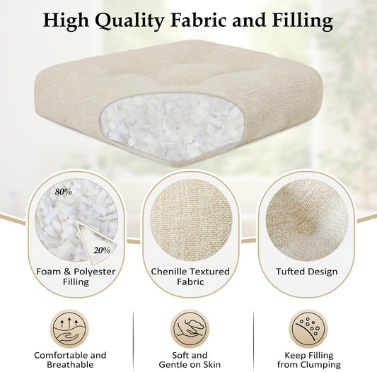 downluxe Chair Cushions for Dining Chairs 2 Pack, Tufted Indoor Chair Pads with Non-Slip Bottom, U-Shaped Kitchen Chair Cushions, 18"x18"x4", Beige