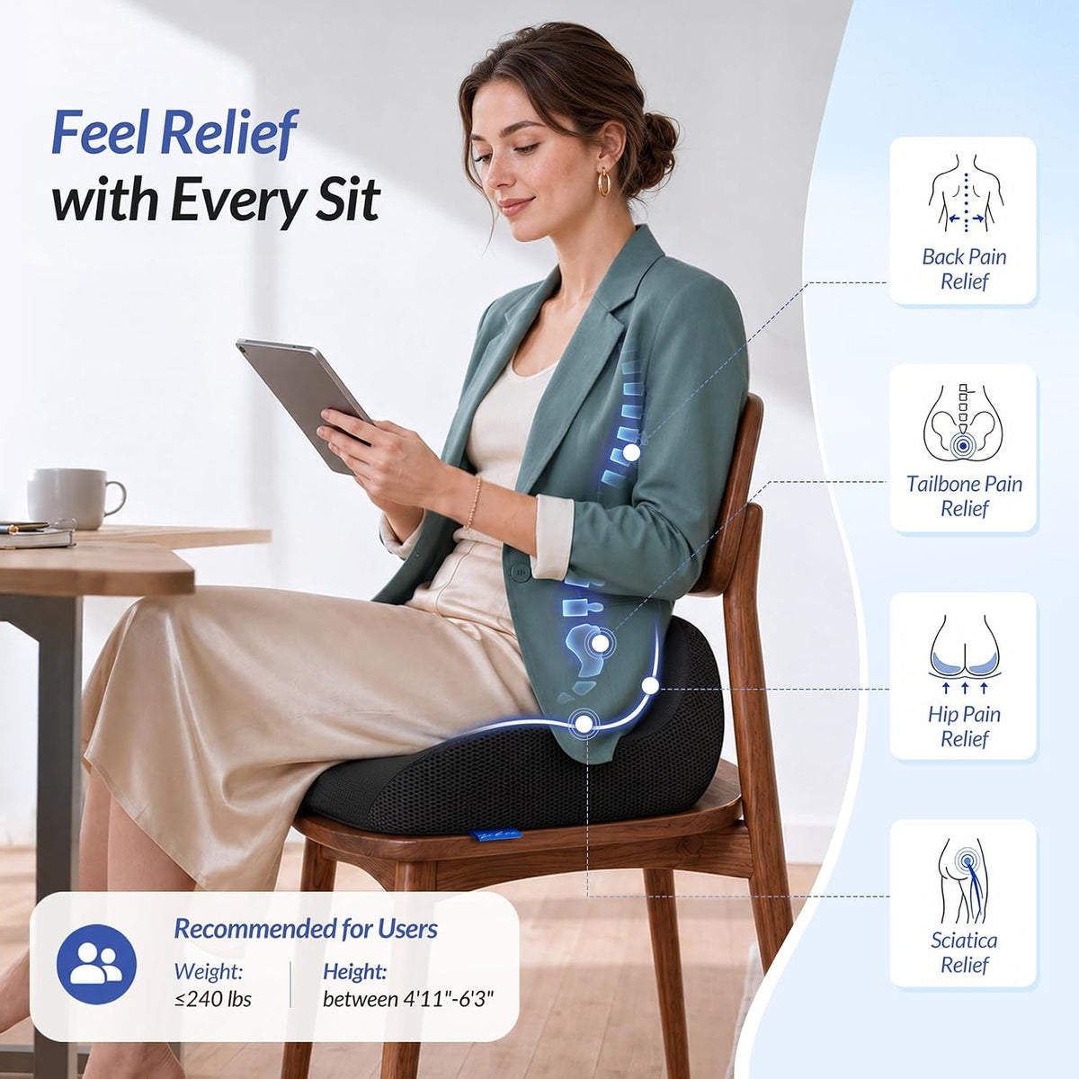 ZIKEE Ergonomic Contoured Seat Cushion for Pain Relief, All-Day Comfort, Office Chair Cushion with Raised Back Support for Tailbone, Sciatica & Back Pain Relief, Premium Memory Foam for Car, Home