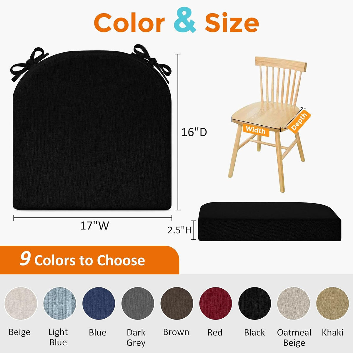 downluxe Chair Cushions for Dining Chairs, Memory Foam Linen Kitchen Chair Pads with Ties, Waterproof, Stain-Resistant and Washable Cover, 17" x 16" x 2.5", Black, 6 Pack