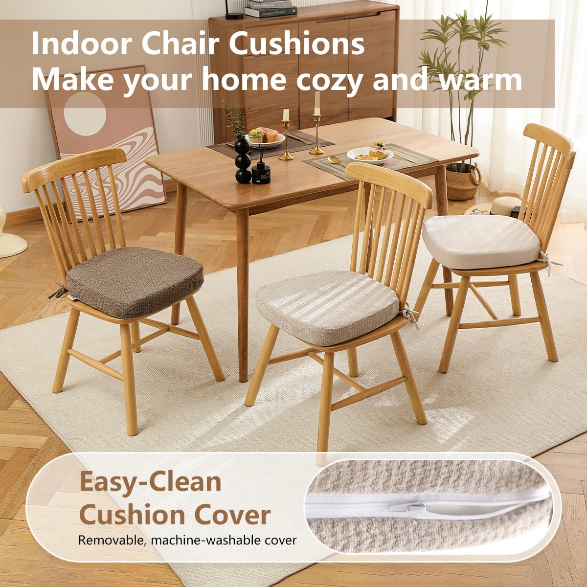 Chair Cushions for Dining Chairs, Washable Chair Pads, Beige, 4 Pack
