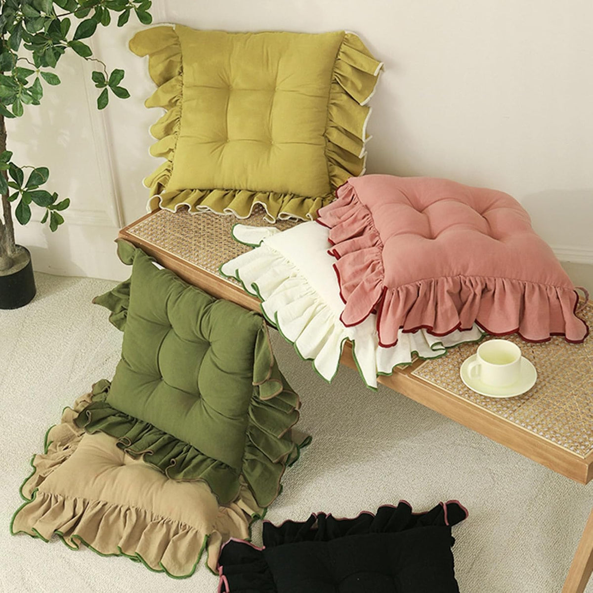 Cotton Ruffles Chair Cushion for Dining Chairs Soft Comfortable Chair Pads with Ties Farmhouse Country Seat Cushion for Kitchen Chairs Office Chairs (Green,16"x16")