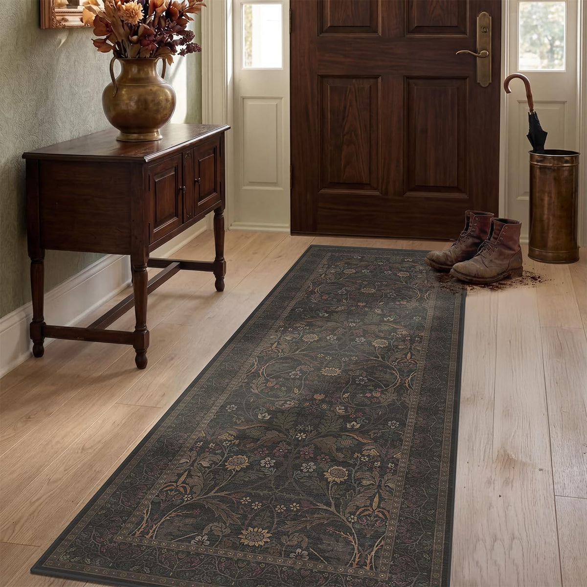 Dark Brown 2x3 Washable Entry Rug, Throw Small Rugs for Entryway Kitchen Bathroom Indoor Door Mat, Farmhouse Floral & Botanical Door Mats, Low Pile Soft Stain Resistant Carpet