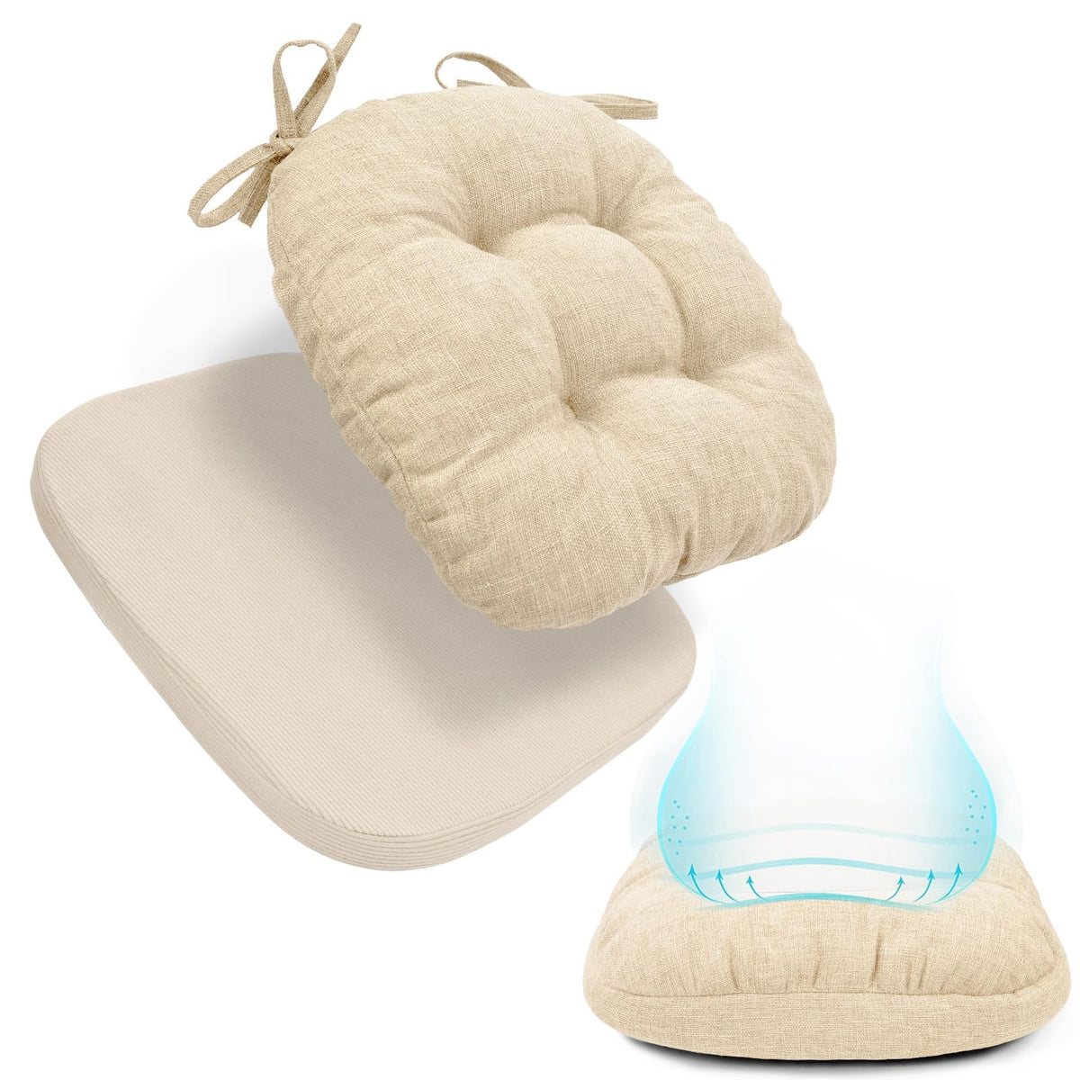 BUYUE 2-in-1 Chair Cushion for Dining Chair – Detachable Double-Layer, Use as 2 Seat Pads or 1 Extra-Thick Pad, Latex Foam, Non-Slip, Beige