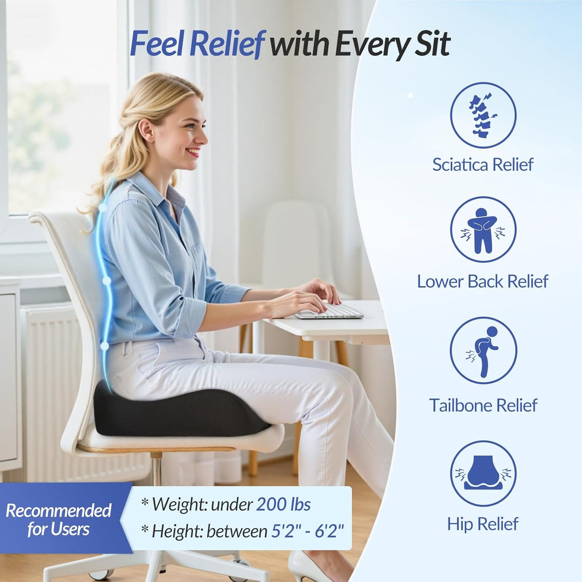 ZIKEE Ergonomic Seat Cushion for Pressure Relief, Pioneering Office Chair Cushion for Sciatica, Back, Hemorrhoids & Tailbone Pain Relief, High-Density Memory Foam Car Seat Cushion with Anti-Slip Base