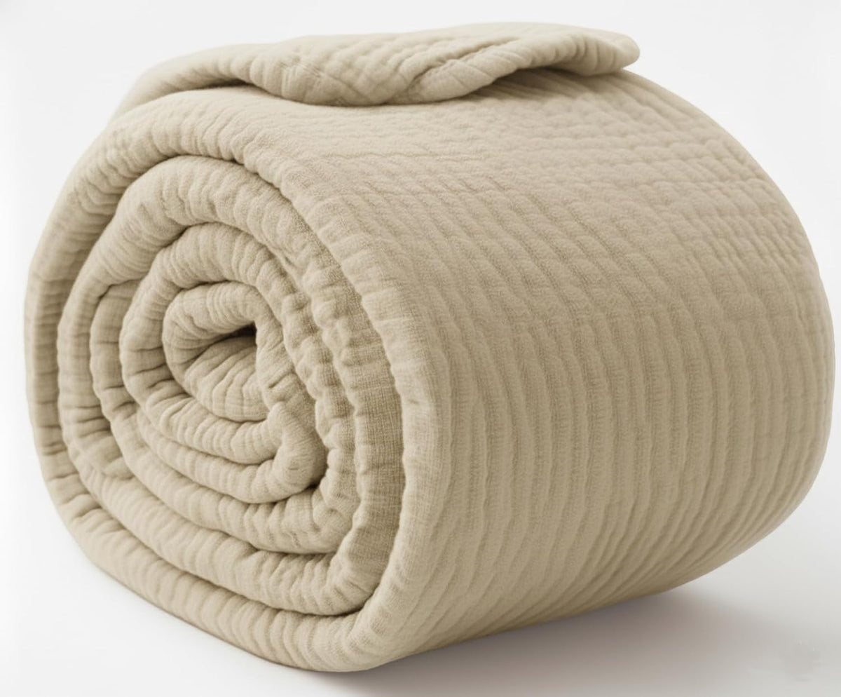 KyraHome 100% Organic Cotton Throw Muslin Blanket, 50"x60", Oatmeal Khaki