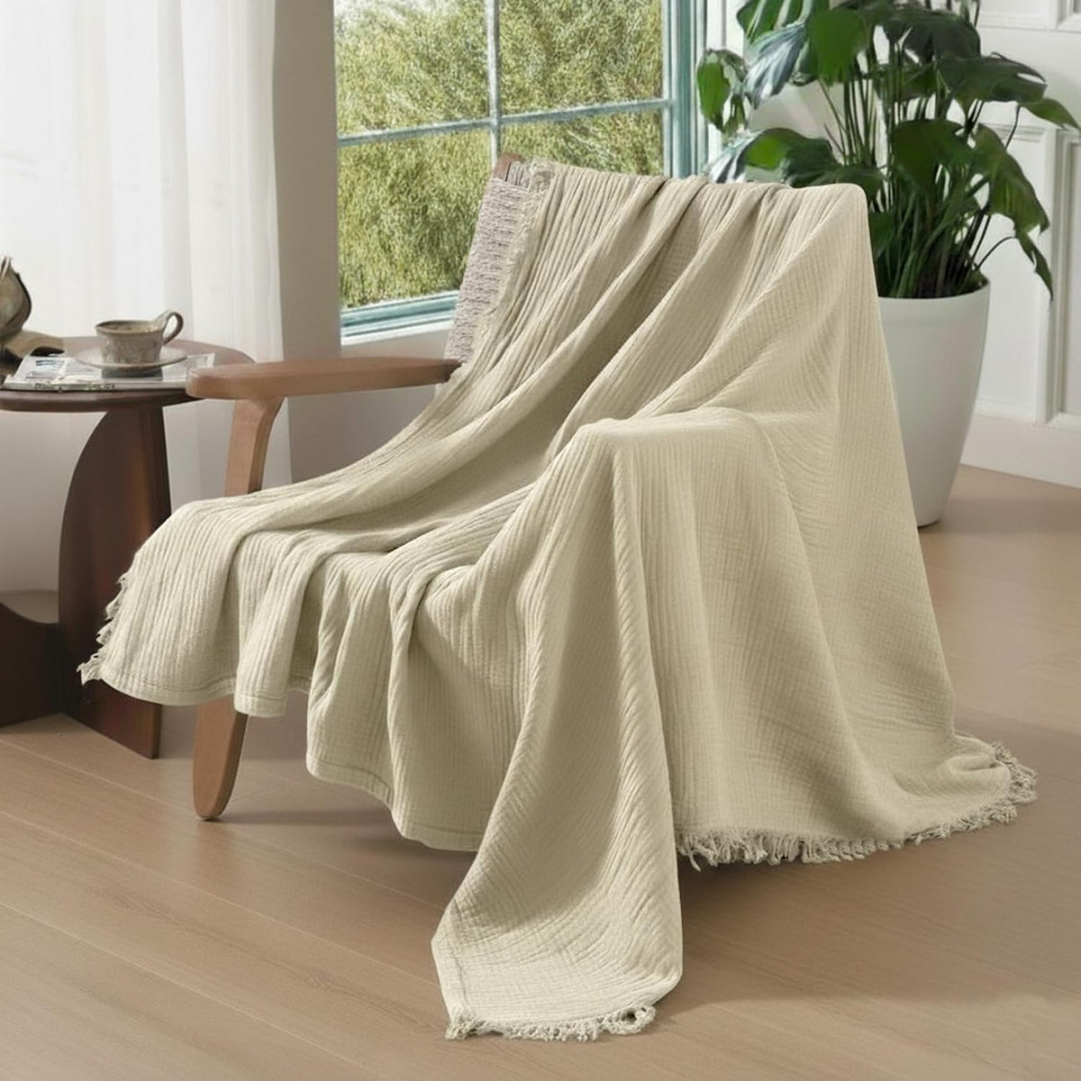 KyraHome 100% Organic Cotton Throw Muslin Blanket, 50"x60", Oatmeal Khaki