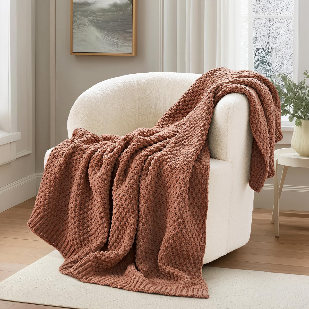 EVERGRACEHOME Chunky Chenille Knit Throw Blanket, 50 x 60, Beige