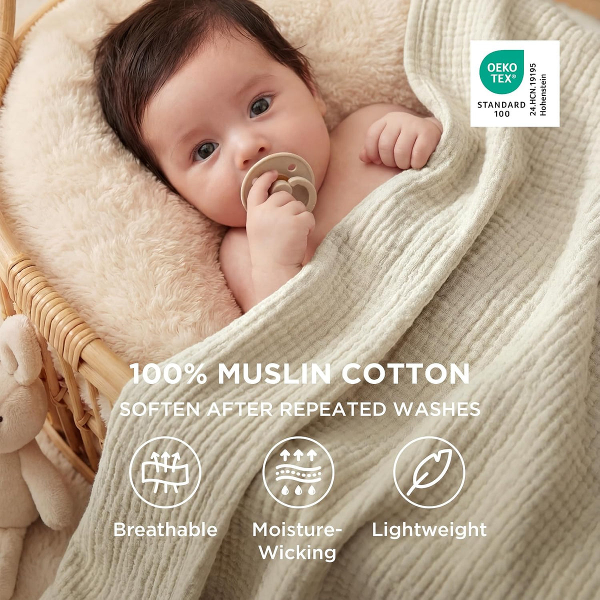 Bedsure 100% Cotton Muslin Blankets for Adults, Large Throw, Linen Beige