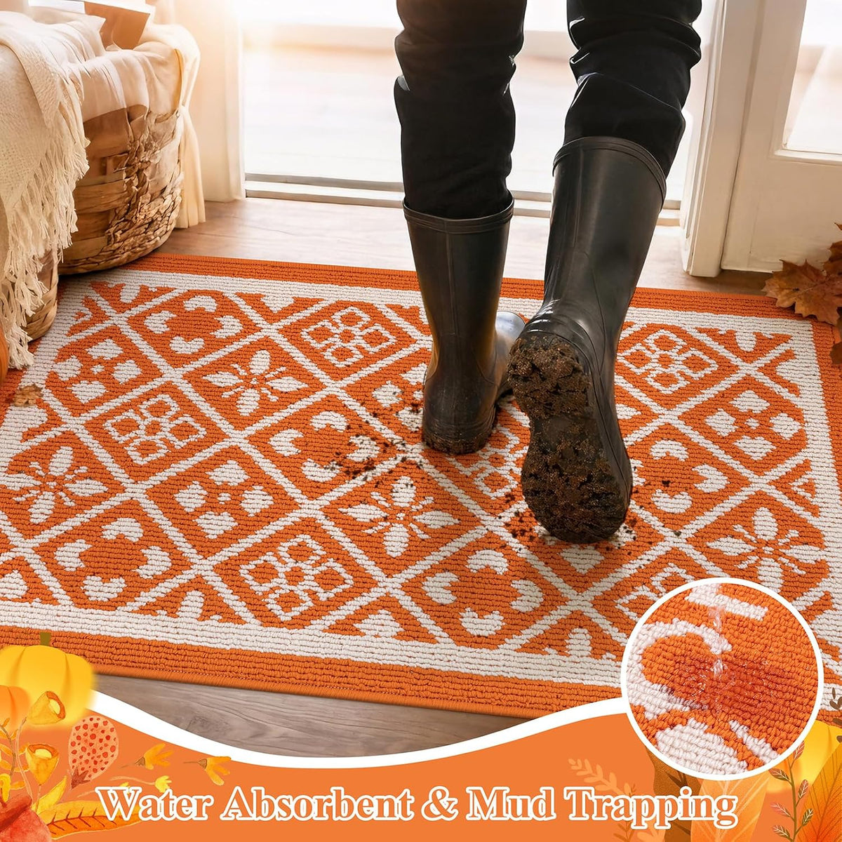 Ileading Fall Indoor Door Mat Washable Orange Muddy Rugs for Dogs 2x3ft
