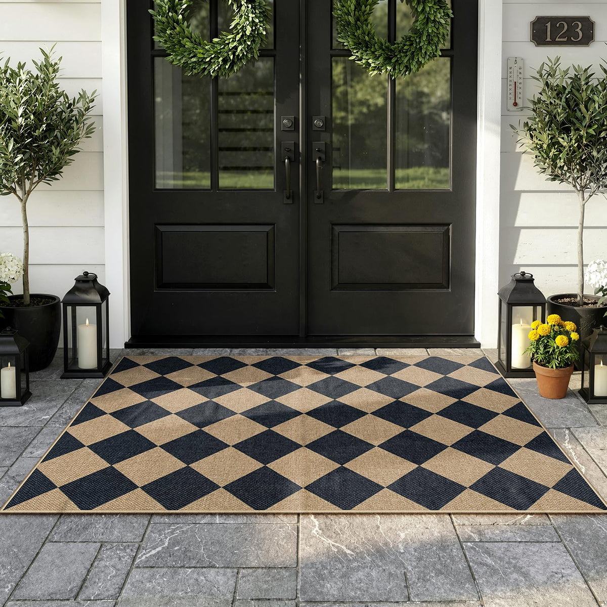 Lahome Checkered Easy Jute Non Slip Front Door Mat, 2x3 Kitchen Rug Neutral Small Throw Rug, Farmhouse Diamond Washable Non Shedding Low Pile Black Floor Carpet for Entryway Front Porch Doorway