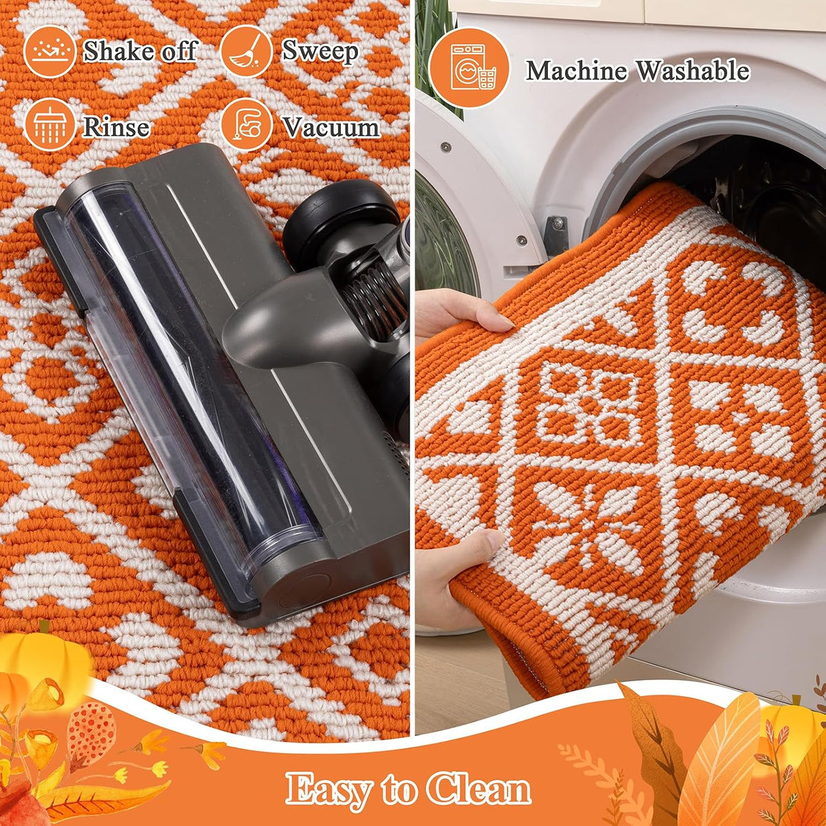 Ileading Fall Indoor Door Mat Washable Orange Muddy Rugs for Dogs 2x3ft