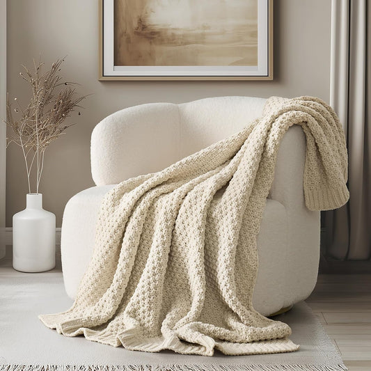 EVERGRACEHOME Chunky Chenille Knit Throw Blanket, 50 x 60, Beige