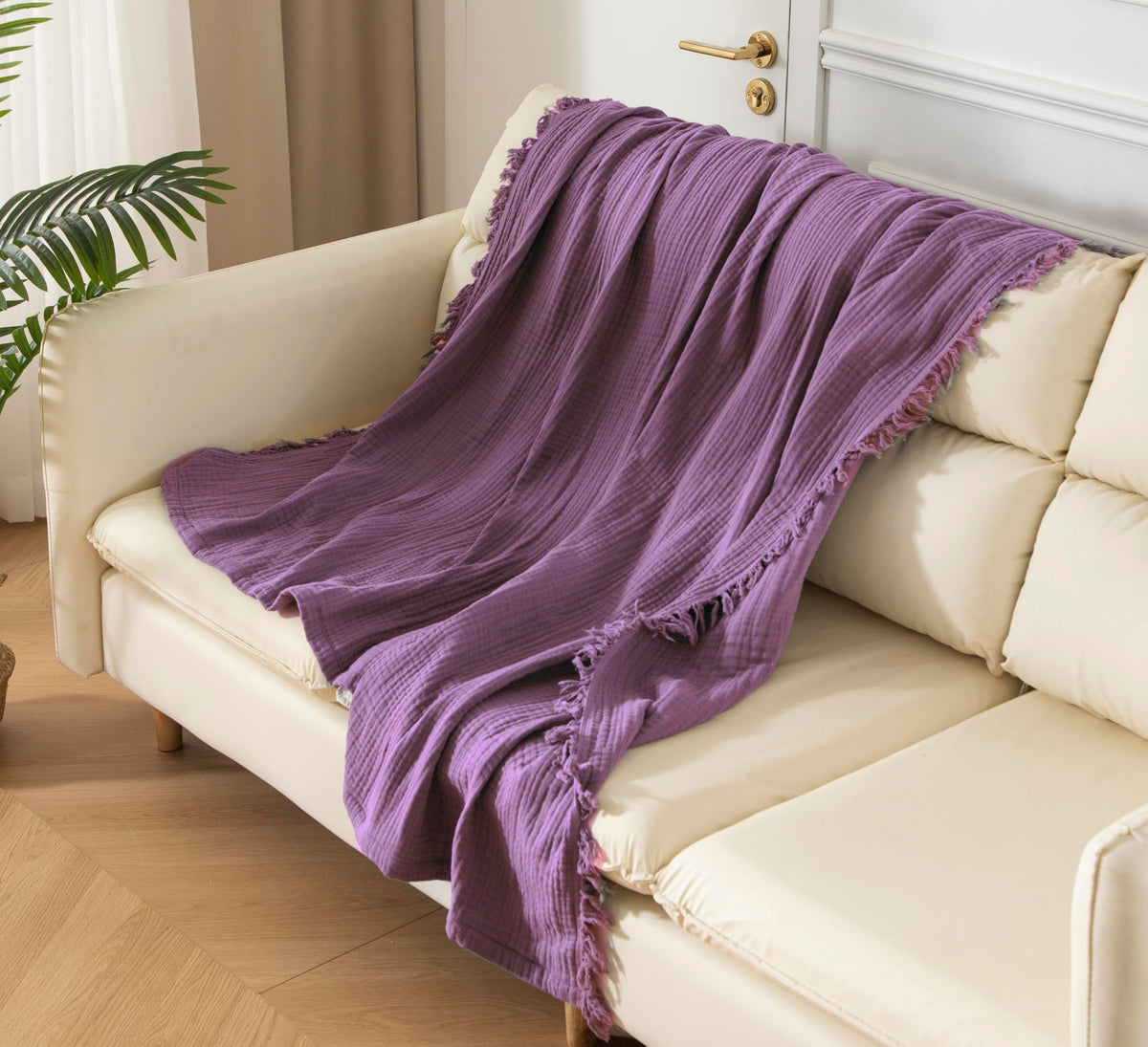 KyraHome 100% Organic Cotton Throw Muslin Blanket, 50"x60", Oatmeal Khaki
