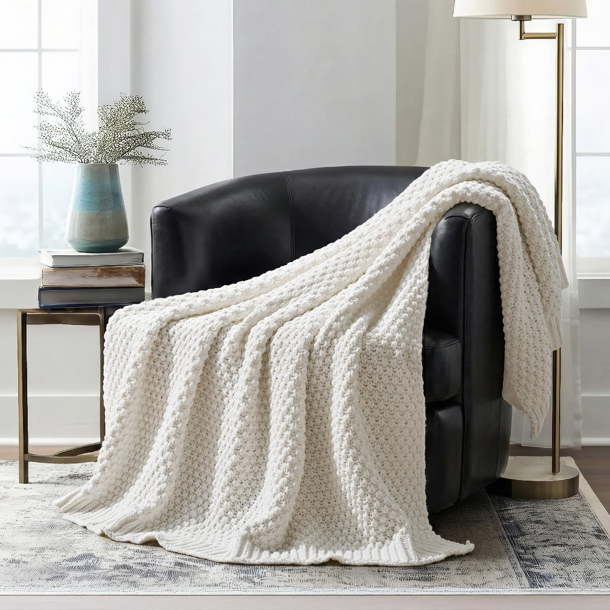 EVERGRACEHOME Chunky Chenille Knit Throw Blanket, 50 x 60, Beige