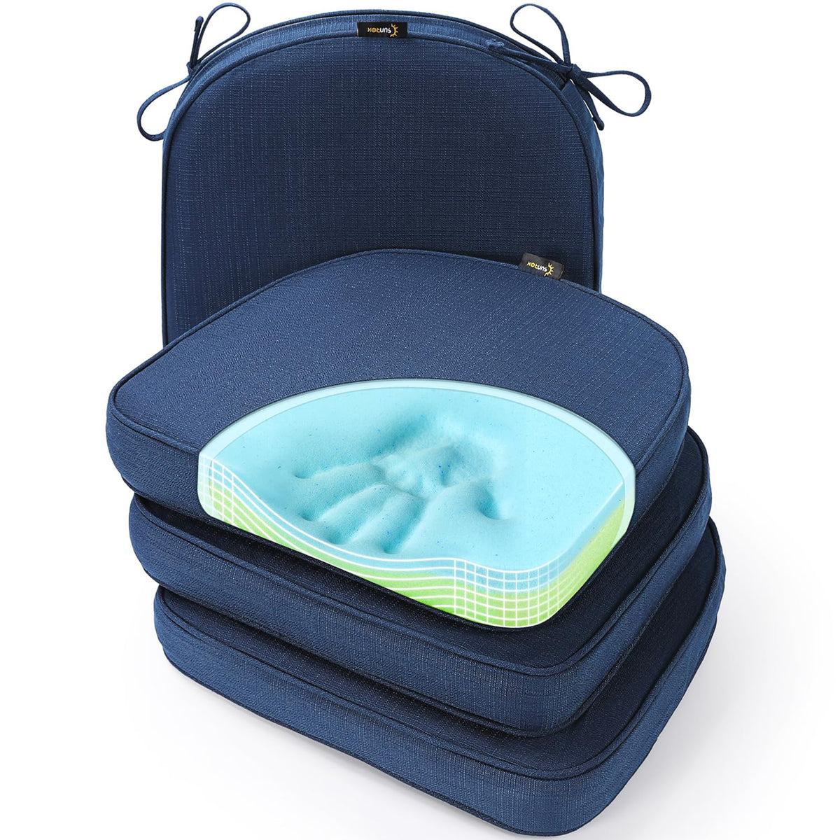SUNROX Gel Memory Foam Chair Cushions, FadeShield Water-, Stain-Resistant Durable Reversible Seat Cushion Pads with Ties for Indoor/Outdoor Kitchen Dining Office 17"x16" Set of 6, Cream