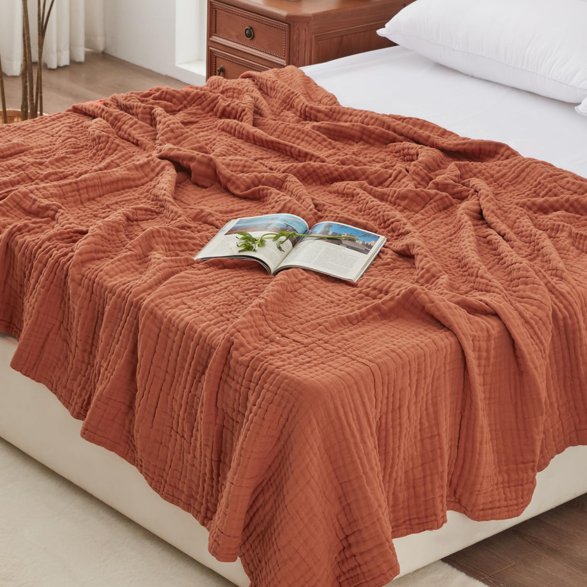 Love's cabin 100% Cotton Muslin Blanket Throw for Couch, Khaki