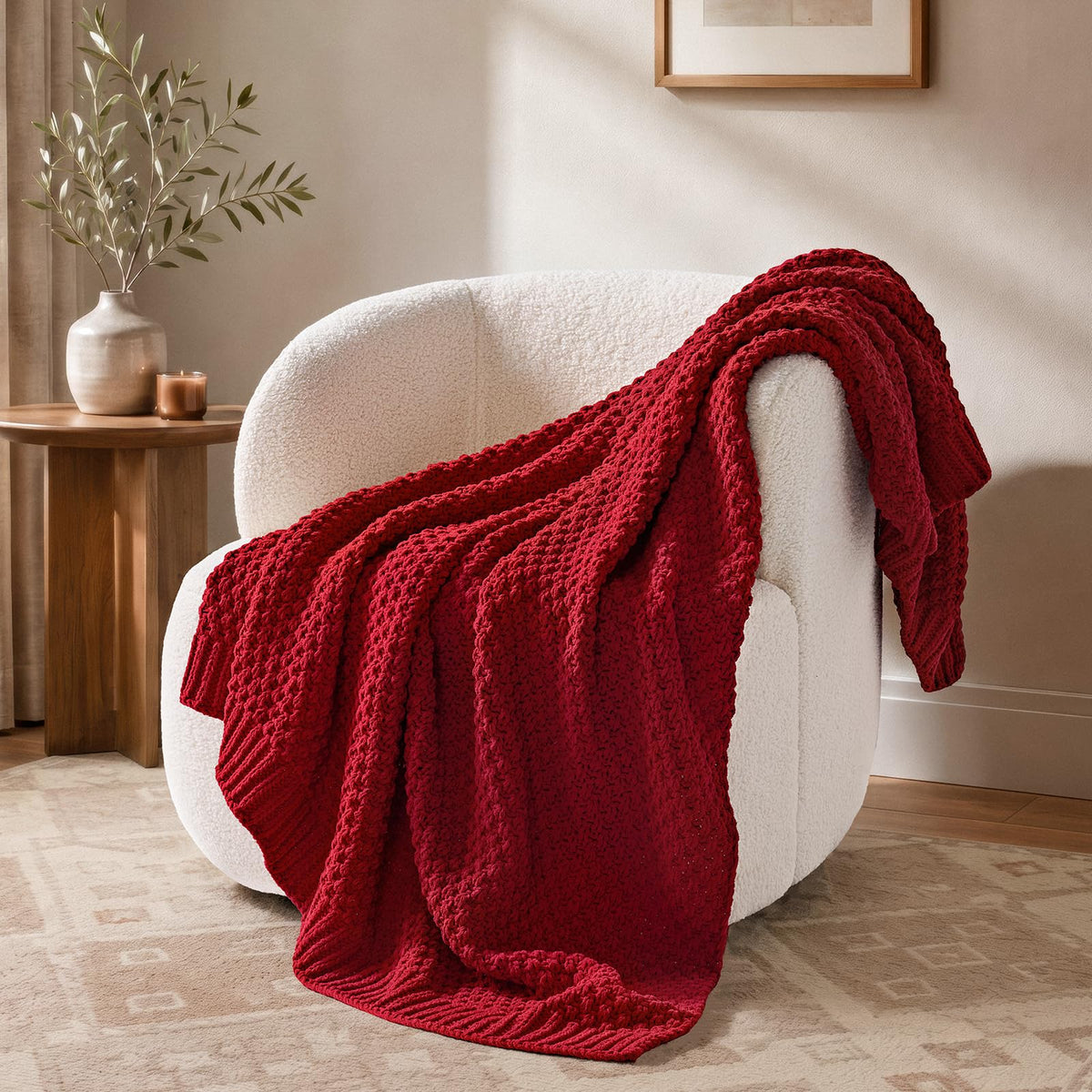 EVERGRACEHOME Chunky Chenille Knit Throw Blanket, 50 x 60, Beige