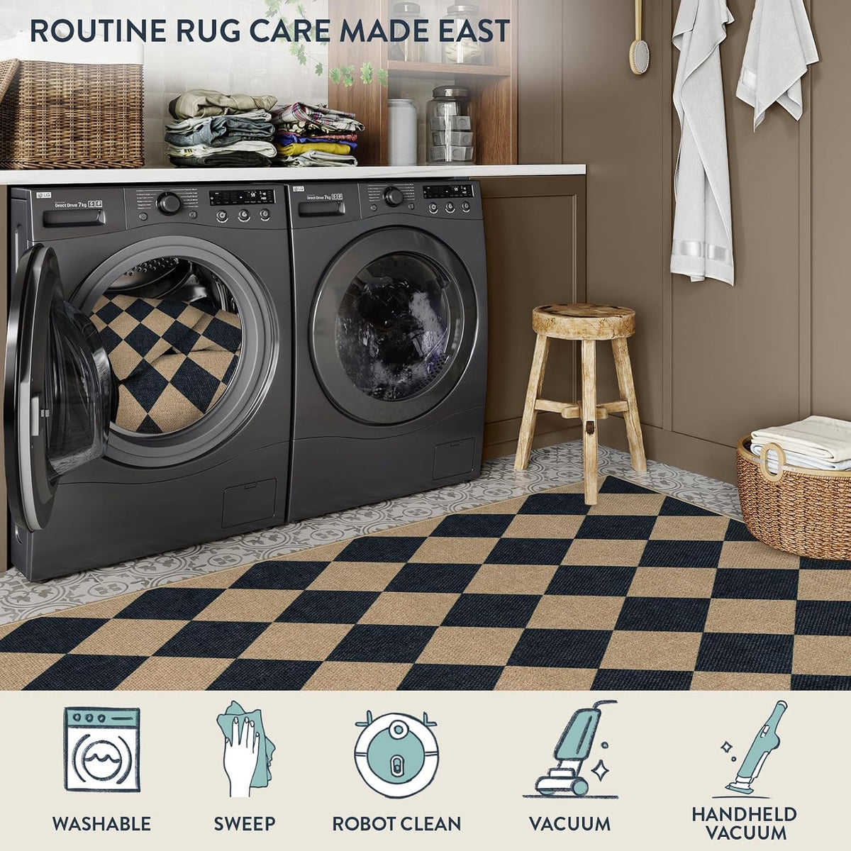 Lahome Checkered Easy Jute Non Slip Front Door Mat, 2x3 Kitchen Rug Neutral Small Throw Rug, Farmhouse Diamond Washable Non Shedding Low Pile Black Floor Carpet for Entryway Front Porch Doorway