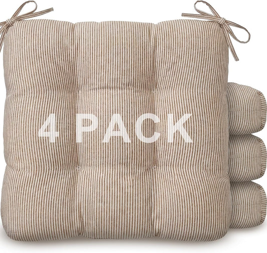 Geetery Khaki and White Stripe Chair Cushions Set of 4 with Ties