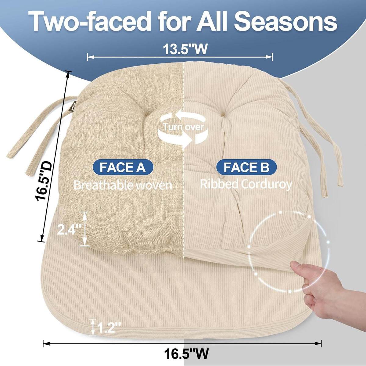 BUYUE 2-in-1 Chair Cushion for Dining Chair – Detachable Double-Layer, Use as 2 Seat Pads or 1 Extra-Thick Pad, Latex Foam, Non-Slip, Beige